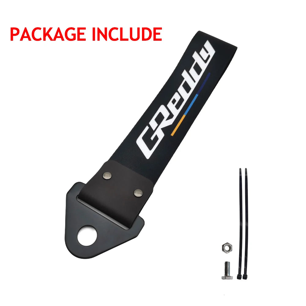 Black Greddy universal tow strap package including the strap and mounting hardware.