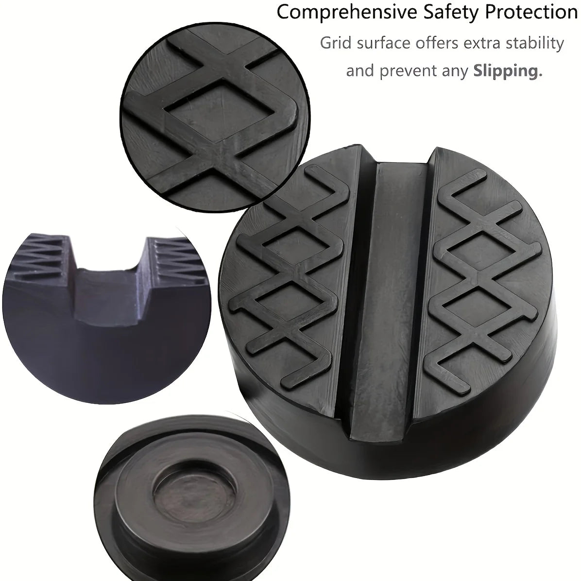 A set of black rubber jack pads designed for comprehensive safety protection and preventing slipping.