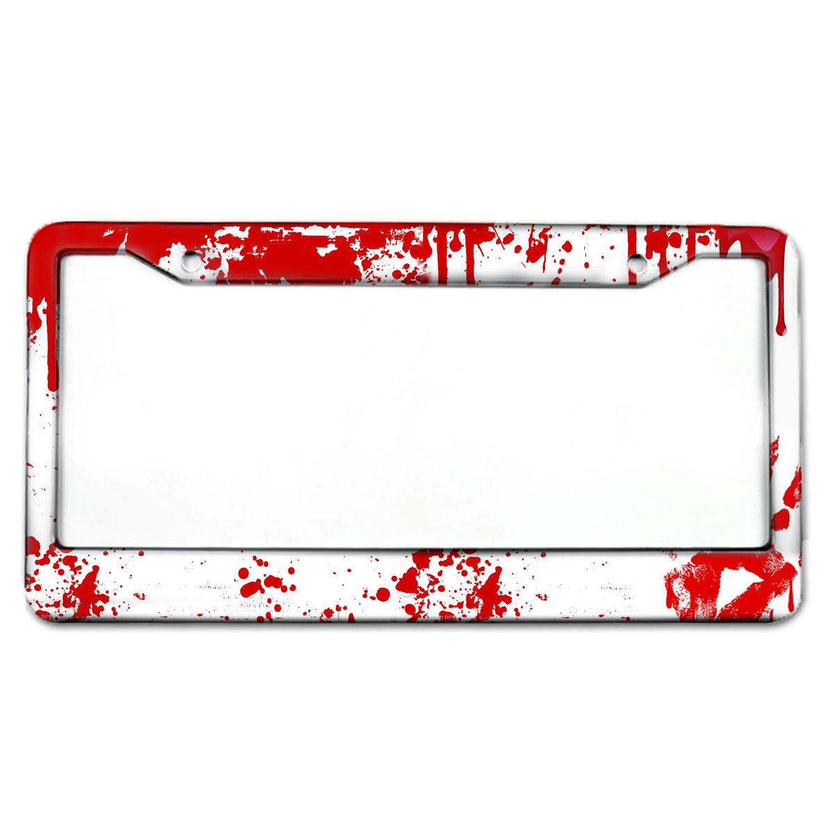 A white aluminum license plate frame with red paint splatter on the edges.