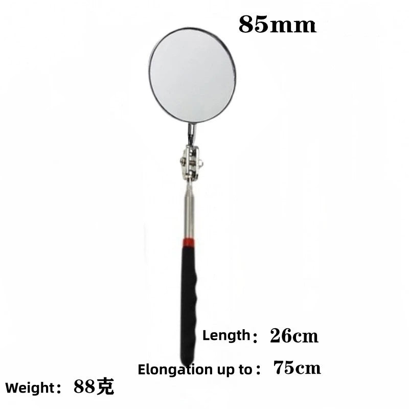 An extendable inspection mirror with an 85mm circular mirror, a 26cm length, and an elongation up to 75cm.
