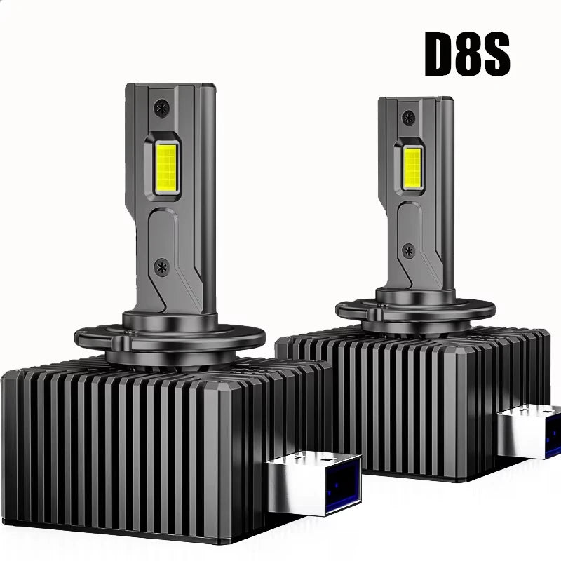 Two D8S automotive LED upgrade bulbs with silver housings and yellow light elements.