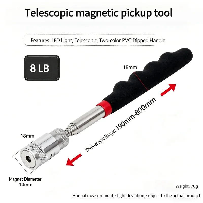 A telescopic magnetic pickup tool with a black handle and silver tip, showing its dimensions and features.