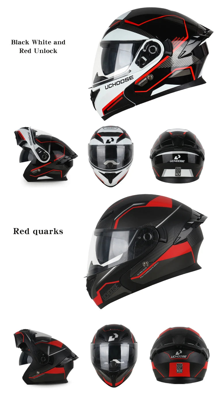 Collection de casques de moto modulaires Uchdose noir et blanc avec accents rouges et quarts.