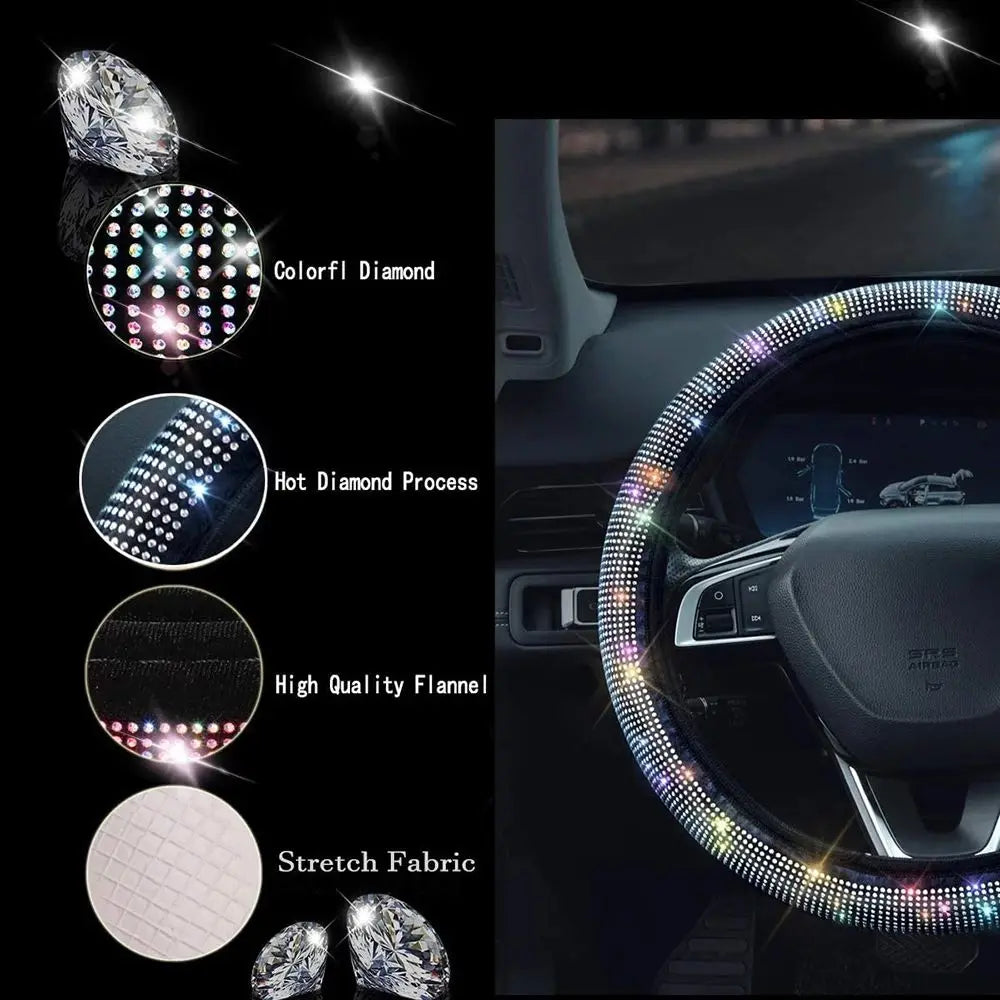 Close-up of a rhinestone bling steering wheel cover showing various diamond processes and fabric details.
