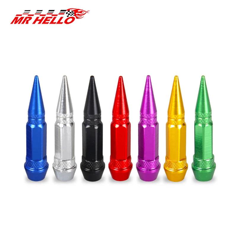 Une rangée de neuf bouchons de tiges de valve en aluminium universels de diverses couleurs, y compris bleu, argenté, noir, ro