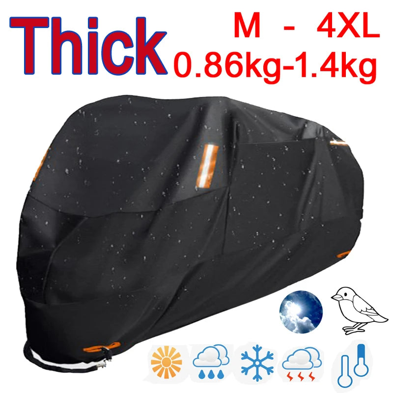 Black heavy-duty motorcycle protective cover in sizes M to 4XL with various accessory icons.