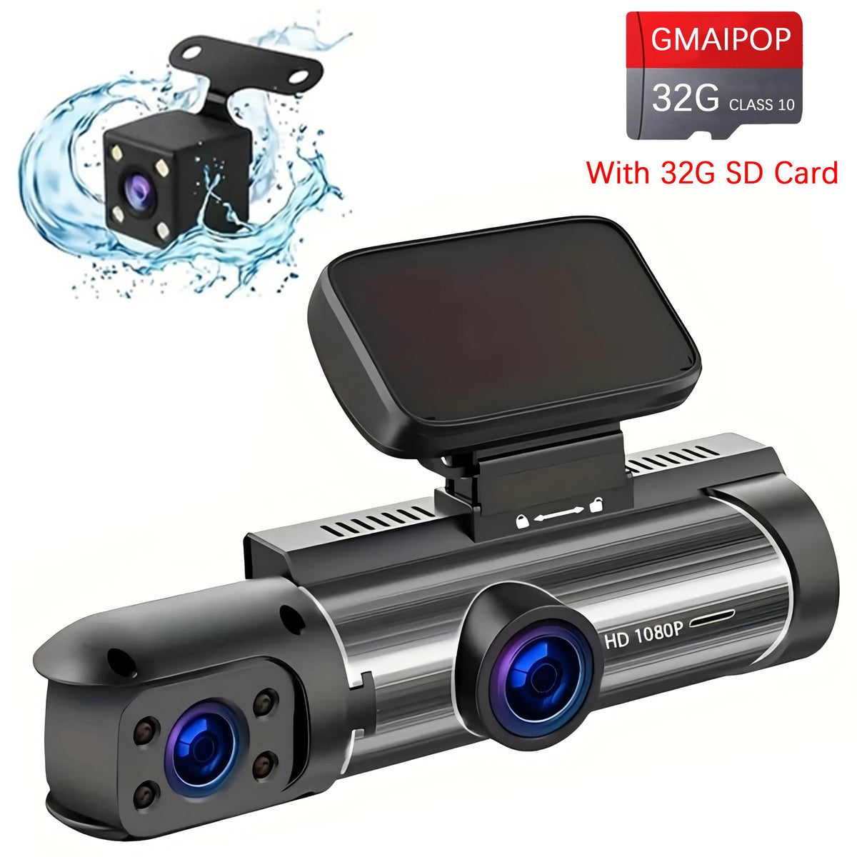 A black triple lens dash cam device with a mounted clip and an SD card slot is shown.