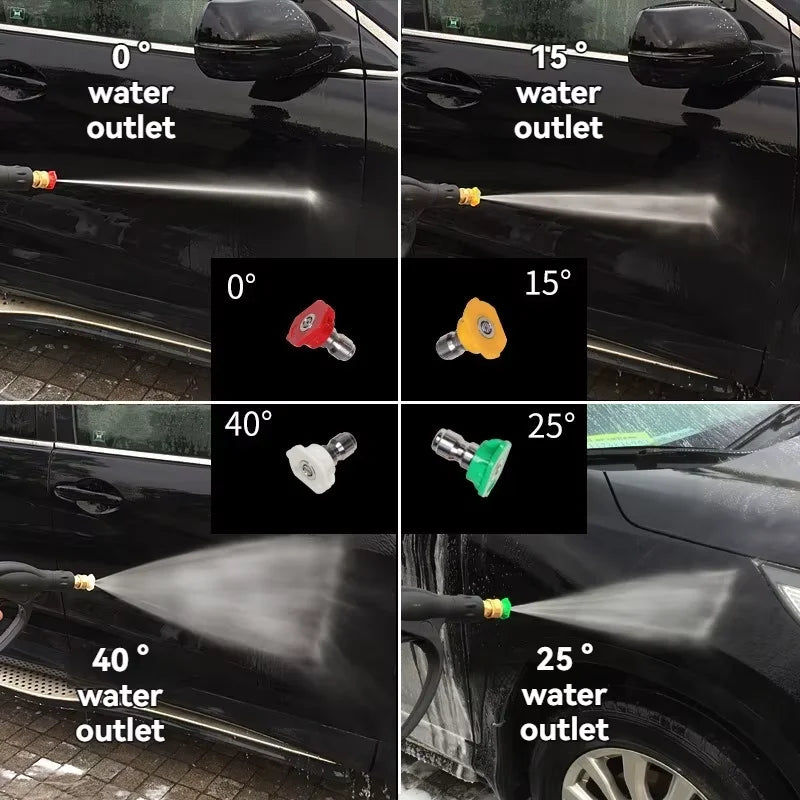 Demonstration of a foam pressure washer kit cleaning a car's exterior at various angles and water outlet positions.