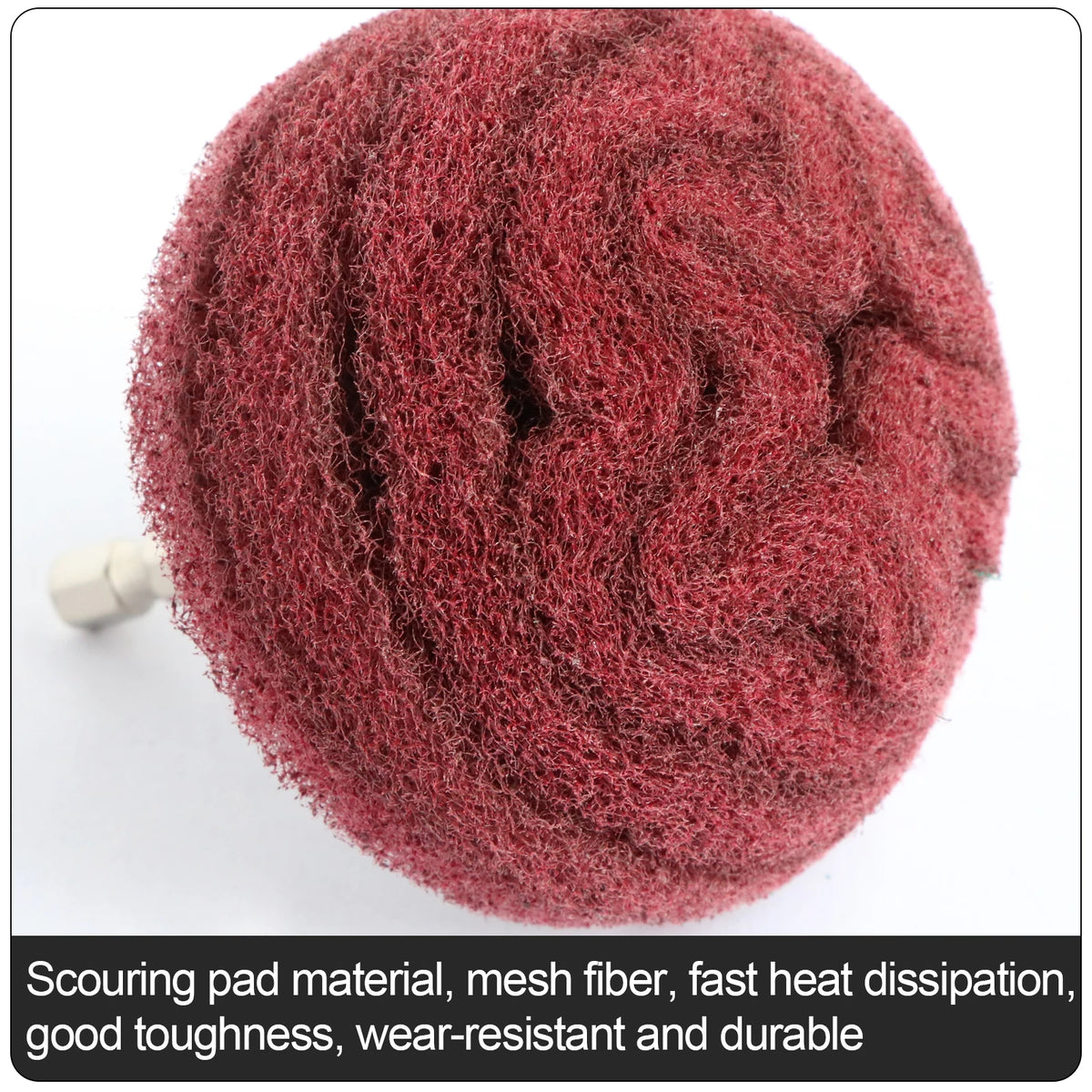 A close-up view of a reddish-pink scouring pad material mesh fiber sanding wheel for fast heat dissipation and durability.