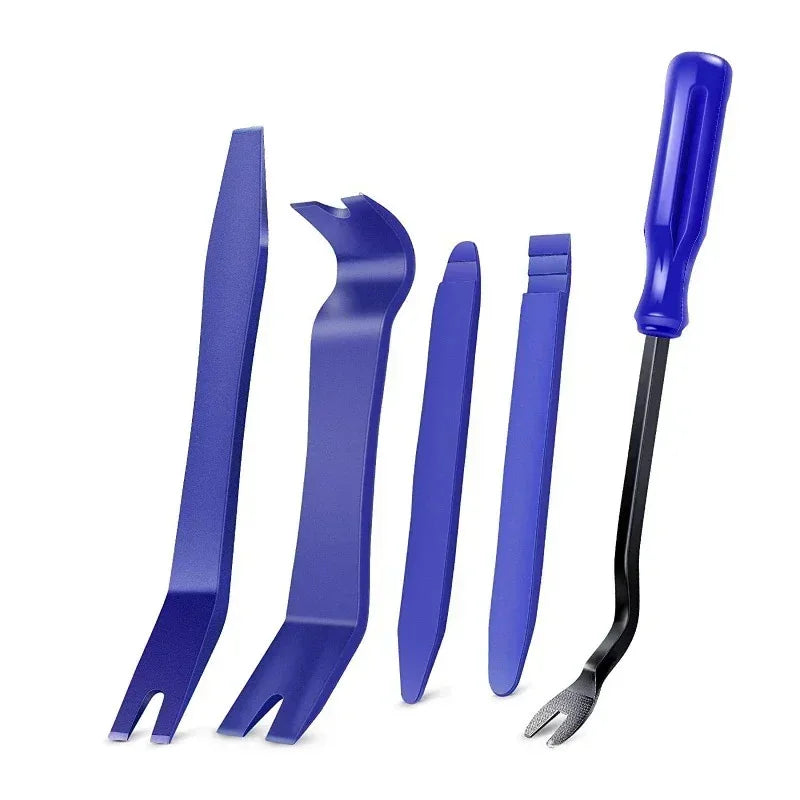 A set of multi-functional plastic car trim removal tools in blue and black.