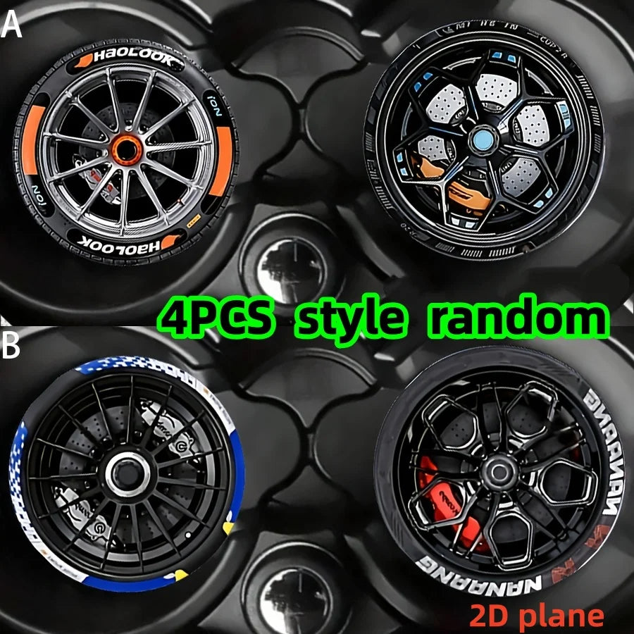 Four pieces of 2D plane car-shaped silicone coasters with racing wheel hub designs in various styles