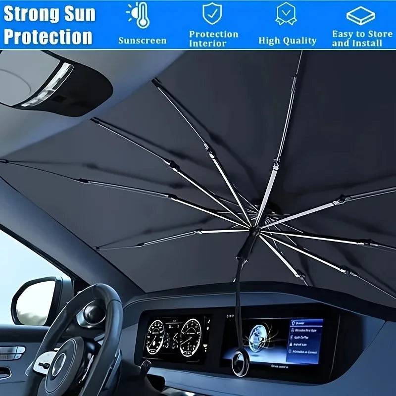 Foldable car windshield sunshade with multiple arms for UV protection installed in a car interior.