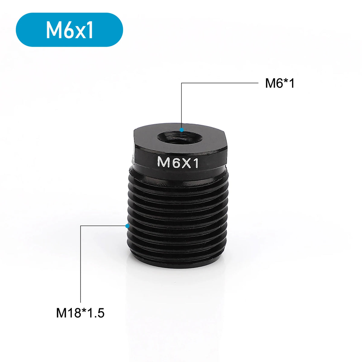 A black M6x1 threaded adapter with an M18x1.5 thread, used for a universal aluminum shift knob.