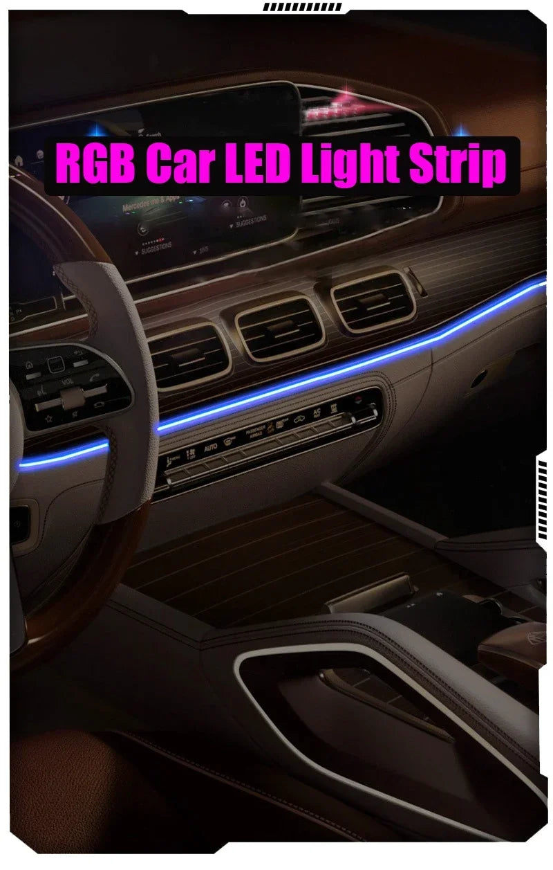RGB Car LED Light Strip installed in a car interior showing the dashboard and steering wheel.