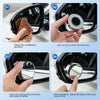Step-by-step instructions showing how to install and adjust a 360° rotating suction cup blind spot mirror for cars.
