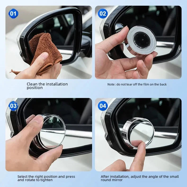 Step-by-step instructions showing how to install and adjust a 360° rotating suction cup blind spot mirror for cars.