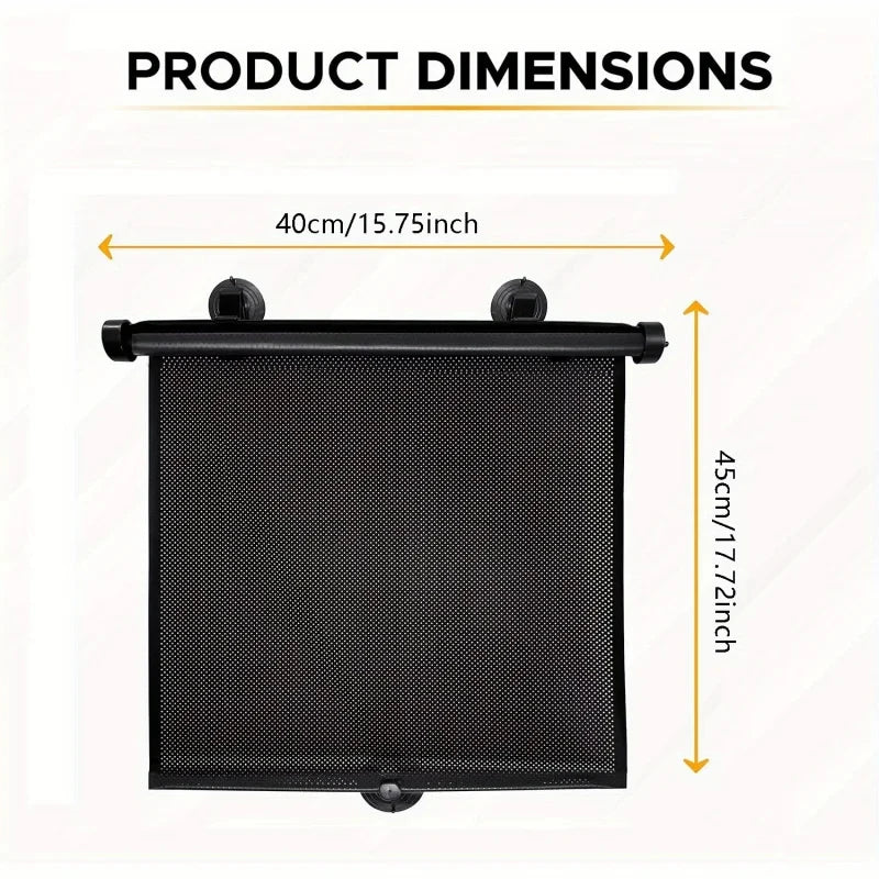 Black retractable car sunshade roller with dimensions 40cm by 45cm.