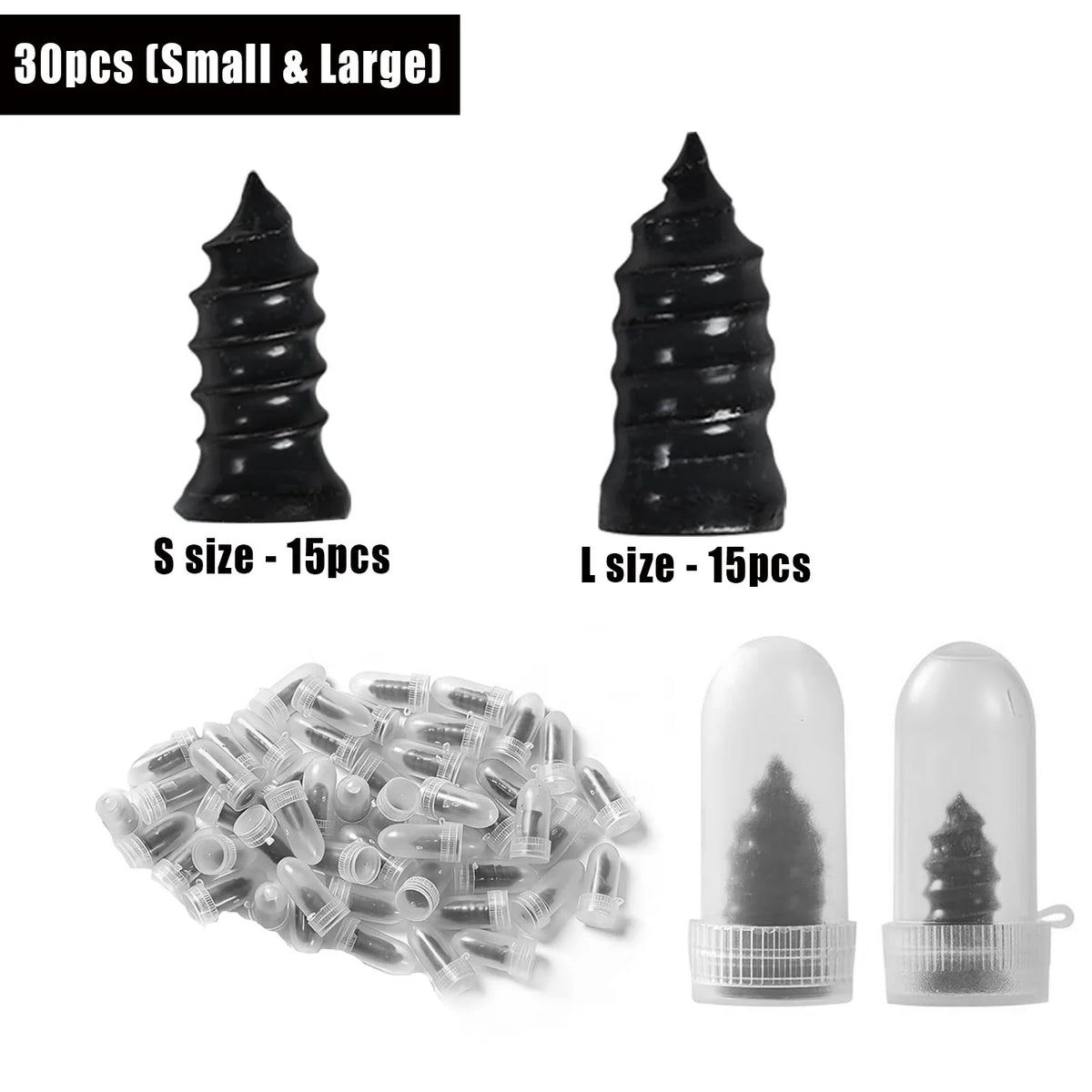A set of 30 tire repair plugs, including small and large sizes, shown alongside individual plugs.