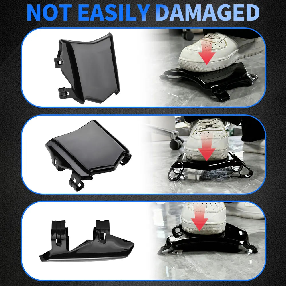 Black universal motorcycle license plate cover shown in various angles and contexts.