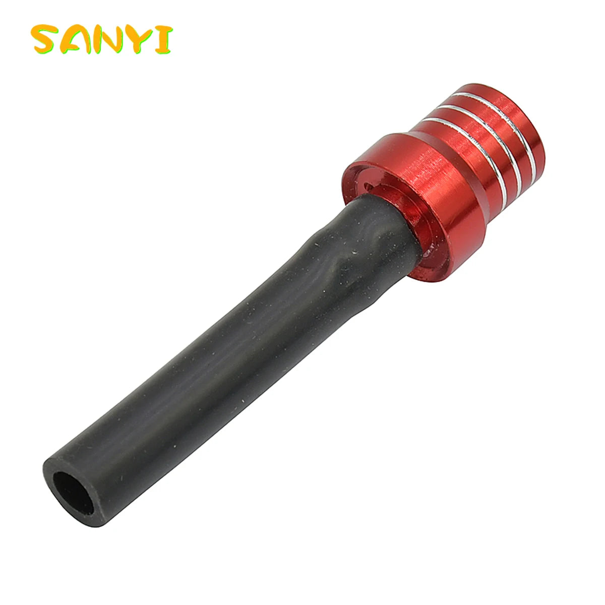 A red and black universal motorcycle fuel vent breather hose with ribbed ends.