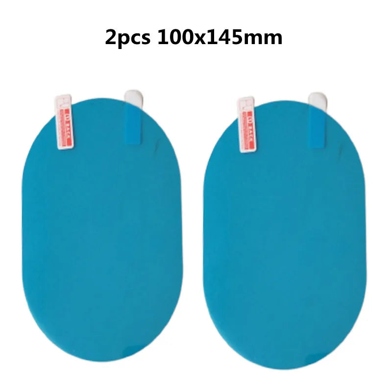 Two pieces of 100x145mm blue anti-fog and rainproof car mirror protection film.