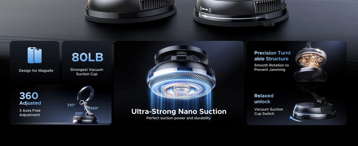 A black magnetic car phone mount featuring a strong suction cup design and 360-degree adjustment capabilities.