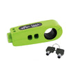 A lime green universal motorcycle handlebar security lock with a black key and lock mechanism.