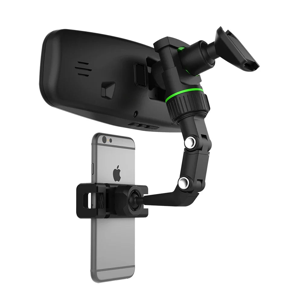 Soporte para teléfono de coche negro giratorio de 360° conectado a un smartphone.