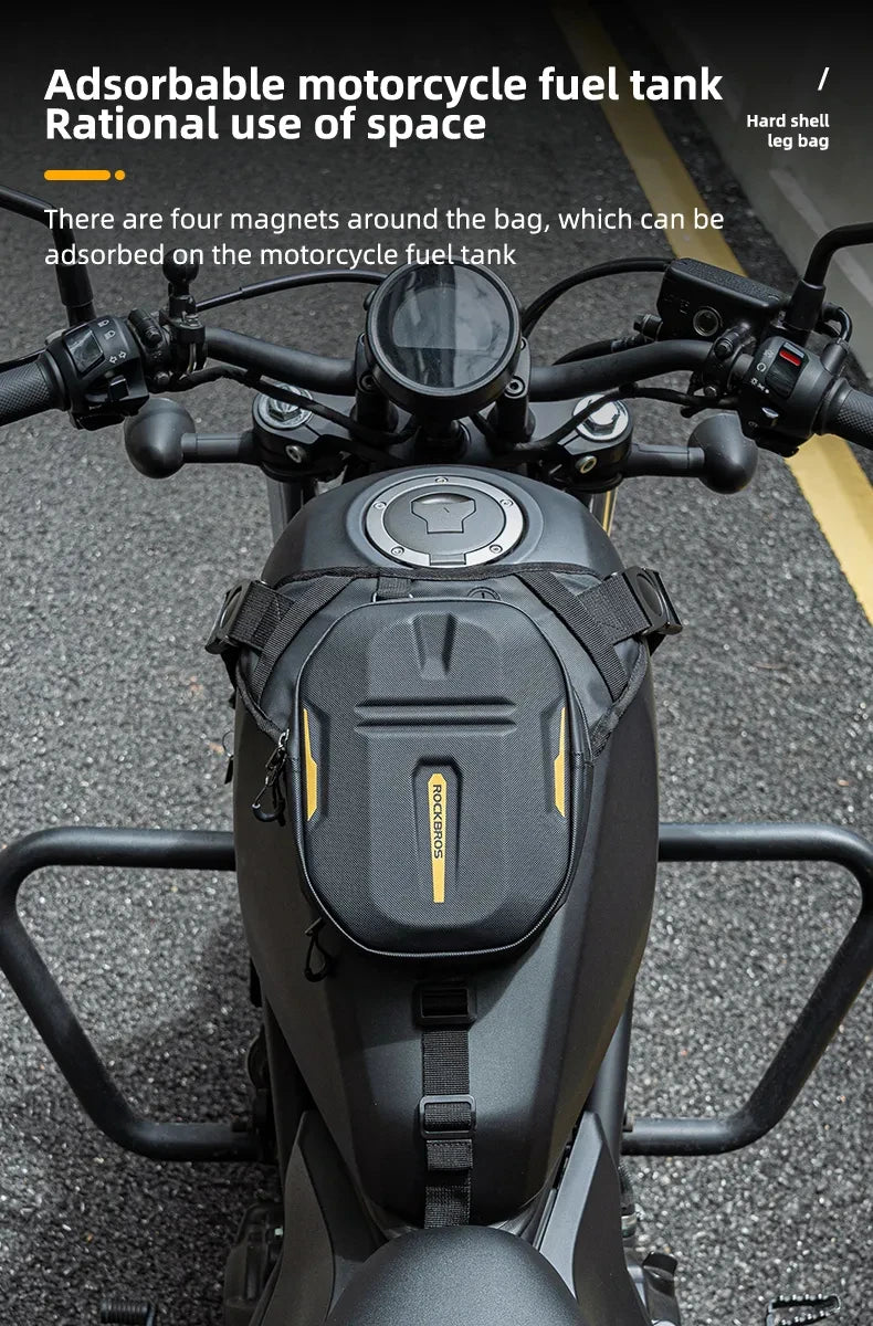 A black motorcycle accessory featuring a fanny pack designed to be adsorbed onto the fuel tank.
