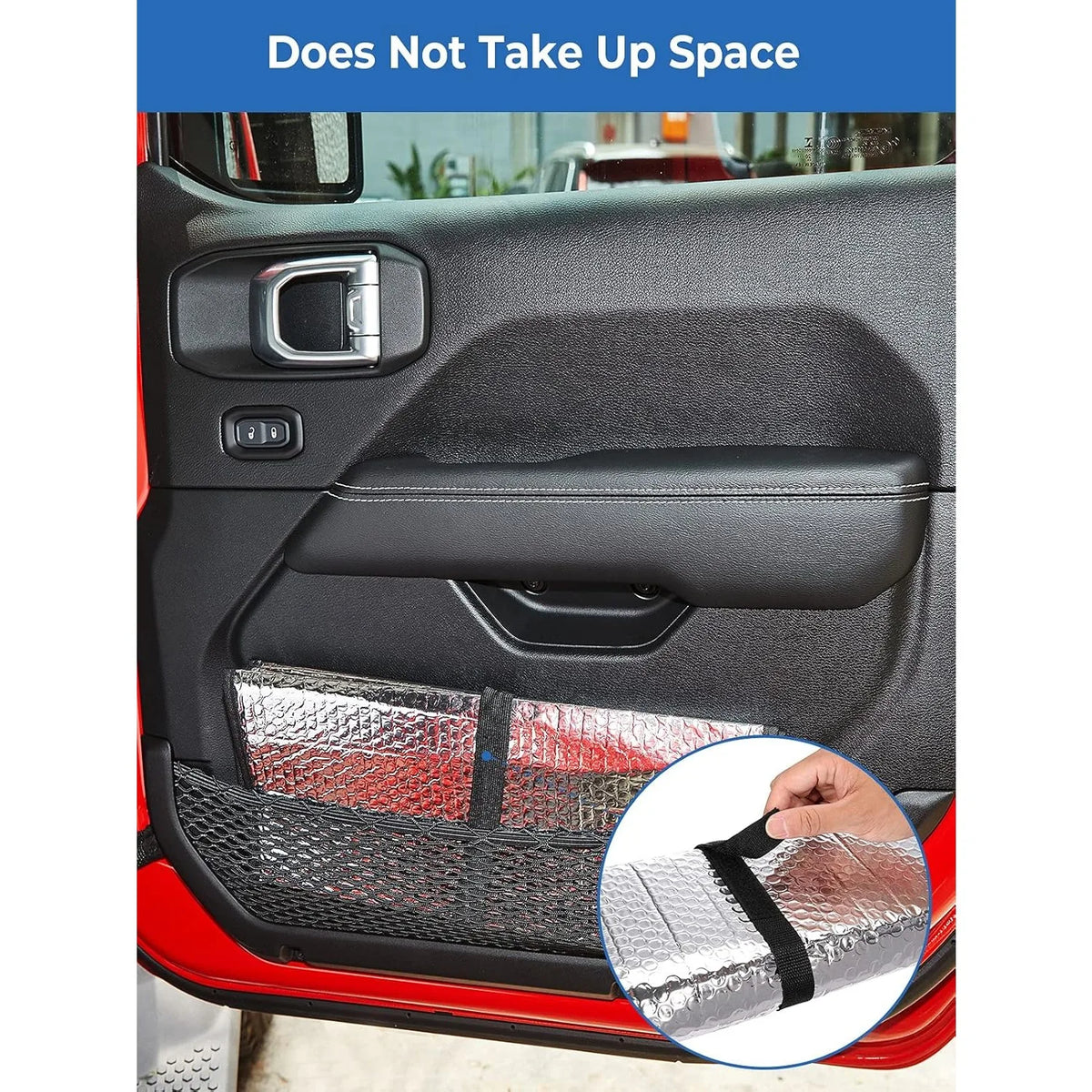 A foldable windshield sunshade is shown inside a vehicle, demonstrating its compact size.