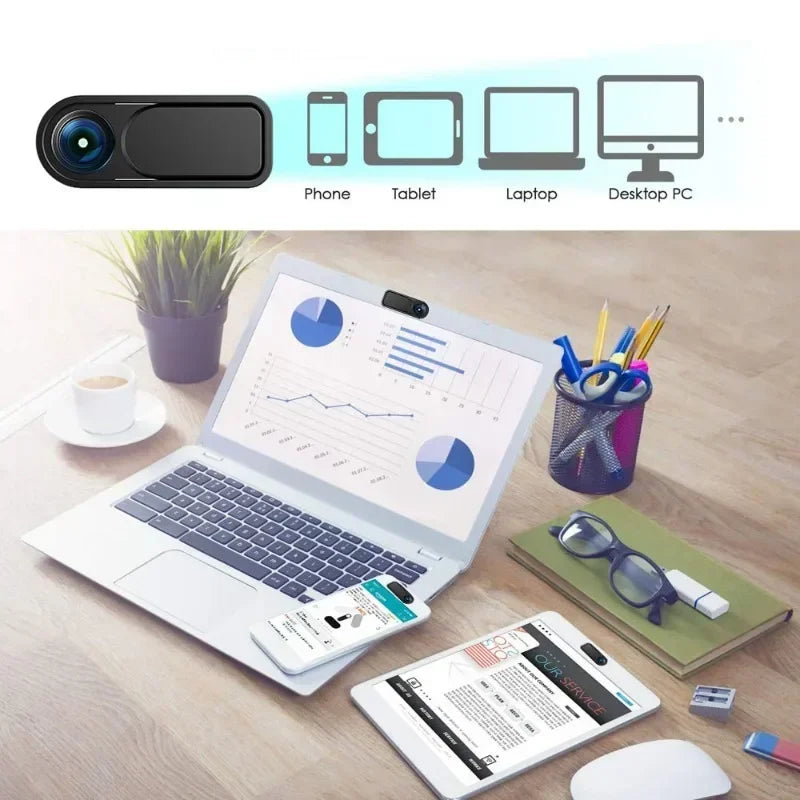 A sliding privacy camera cover for phones, tablets, and laptops is shown next to various electronic devices.