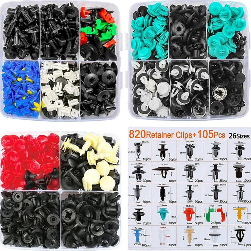 Assortment of black and green fastener rivet clips for body repair