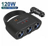A black 120W Super Fast Charge multi-port car charger adapter with three LED lights.