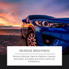 A blue car's headlight is being restored to increase brightness, clarity, and transparency against a sunset background.