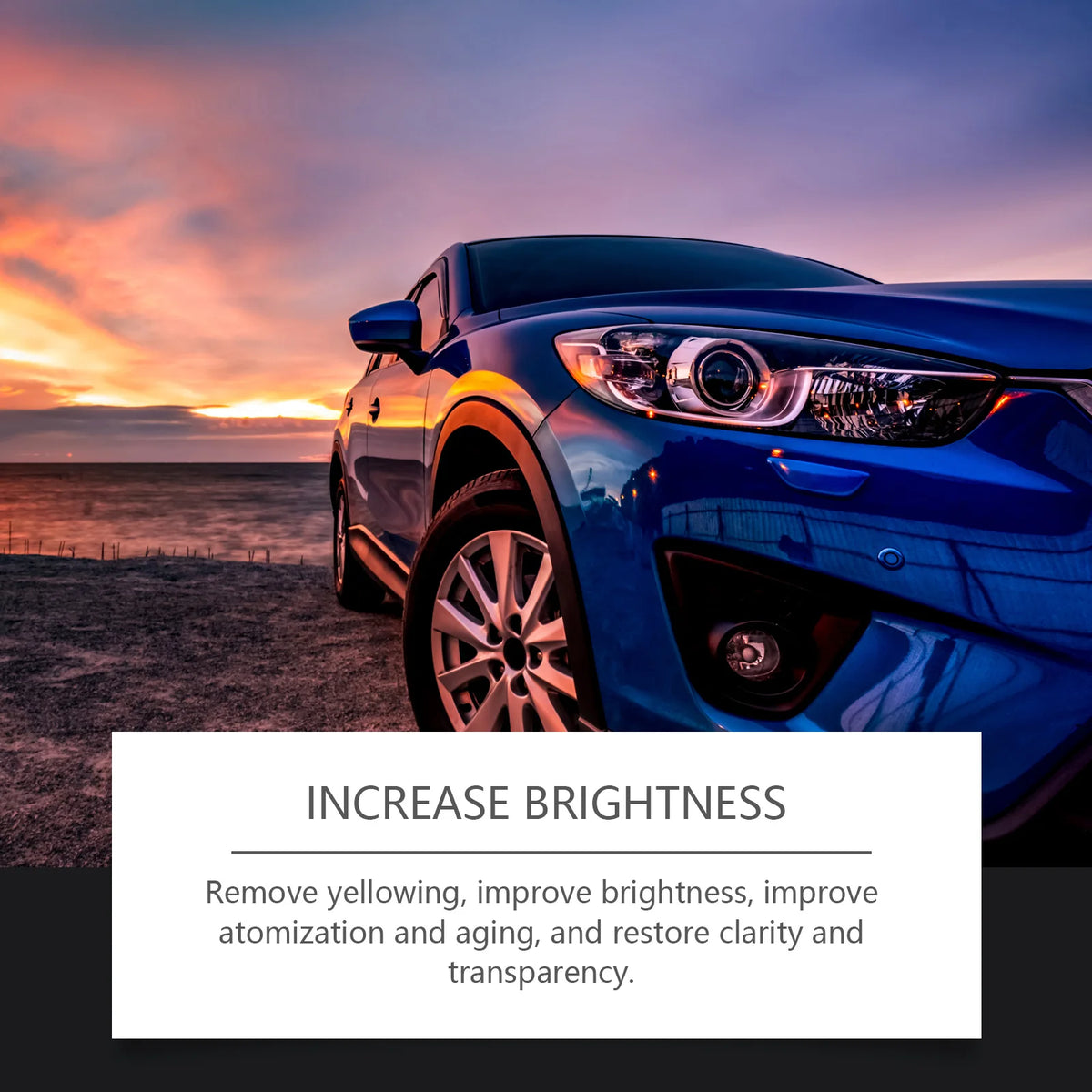 A blue car's headlight is being restored to increase brightness, clarity, and transparency against a sunset background.