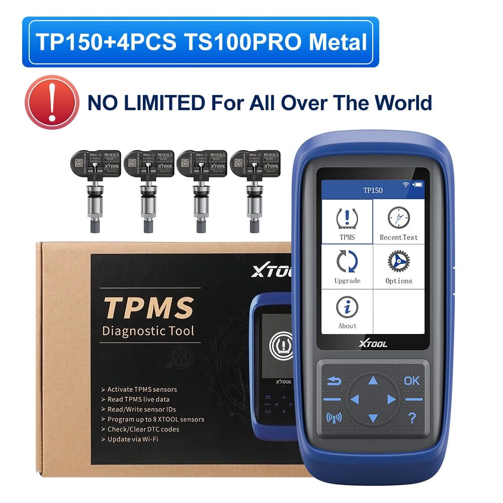 A blue TP150 diagnostic tool and four TS100PRO metal sensors are shown next to its packaging box.