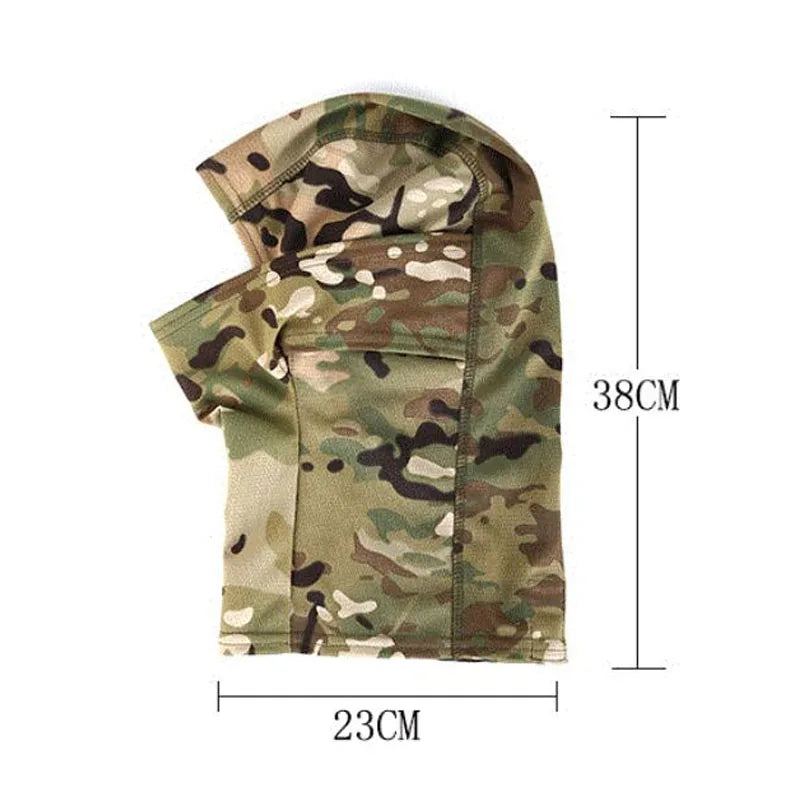 Multicam tactical balaclava full face mask shown flat with dimensions 38cm by 23cm