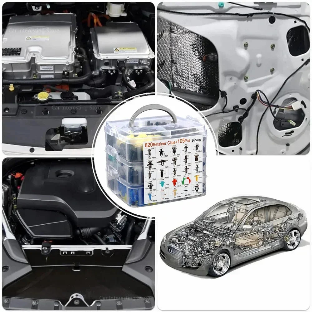 A set of universal auto fastener clips and tools for vehicle repair shown alongside an engine bay view and a car interior.