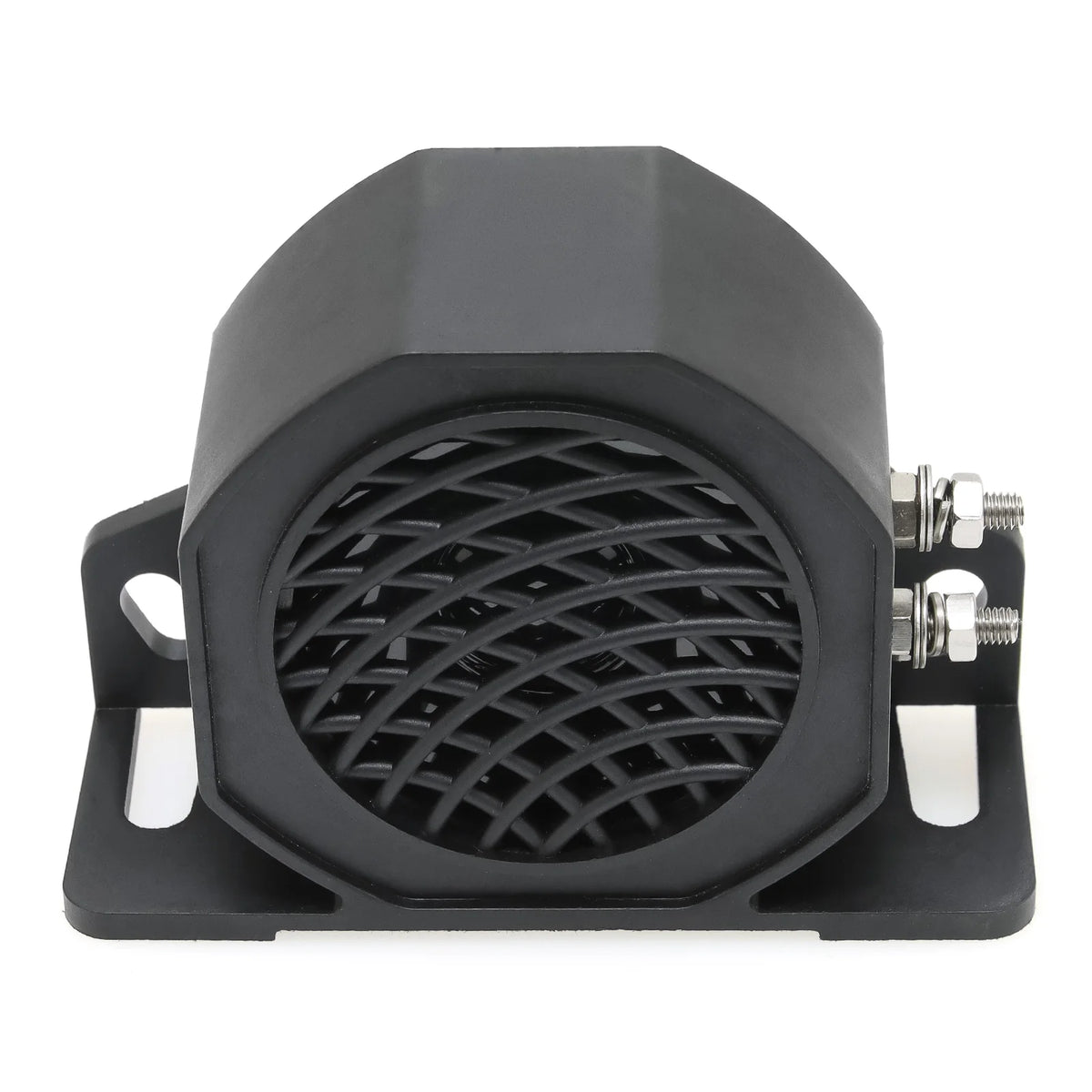 A black high-decibel backup horn for vehicles with a circular grille and mounting brackets.