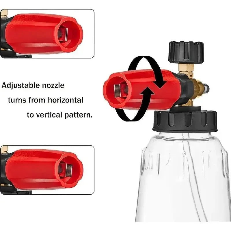 A red heavy duty snow foam cannon with an adjustable nozzle shown in close-up views.