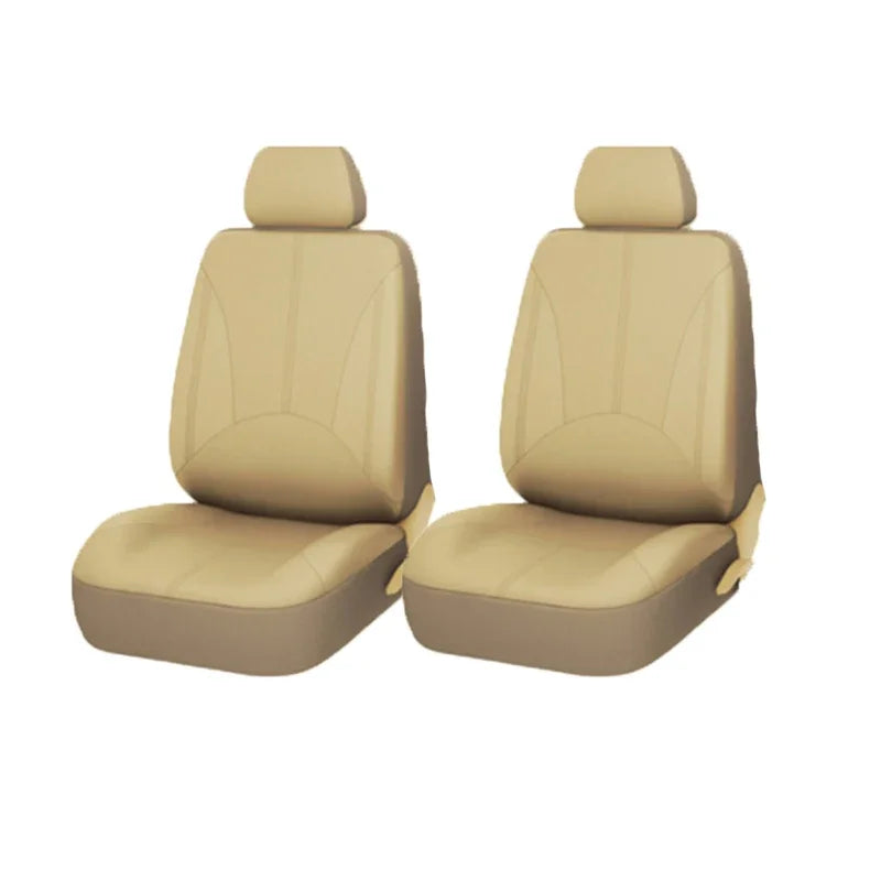 A pair of tan universal PU leather car seat covers shown side by side.