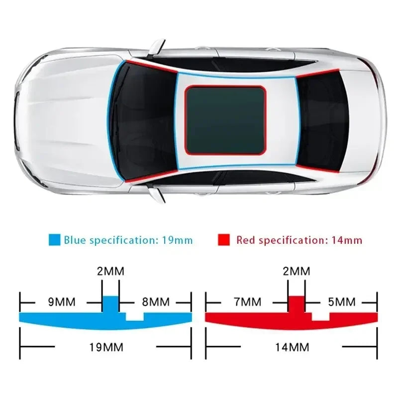 Diagram showing blue 19mm and red 14mm specification strips for a car windshield and body seal.