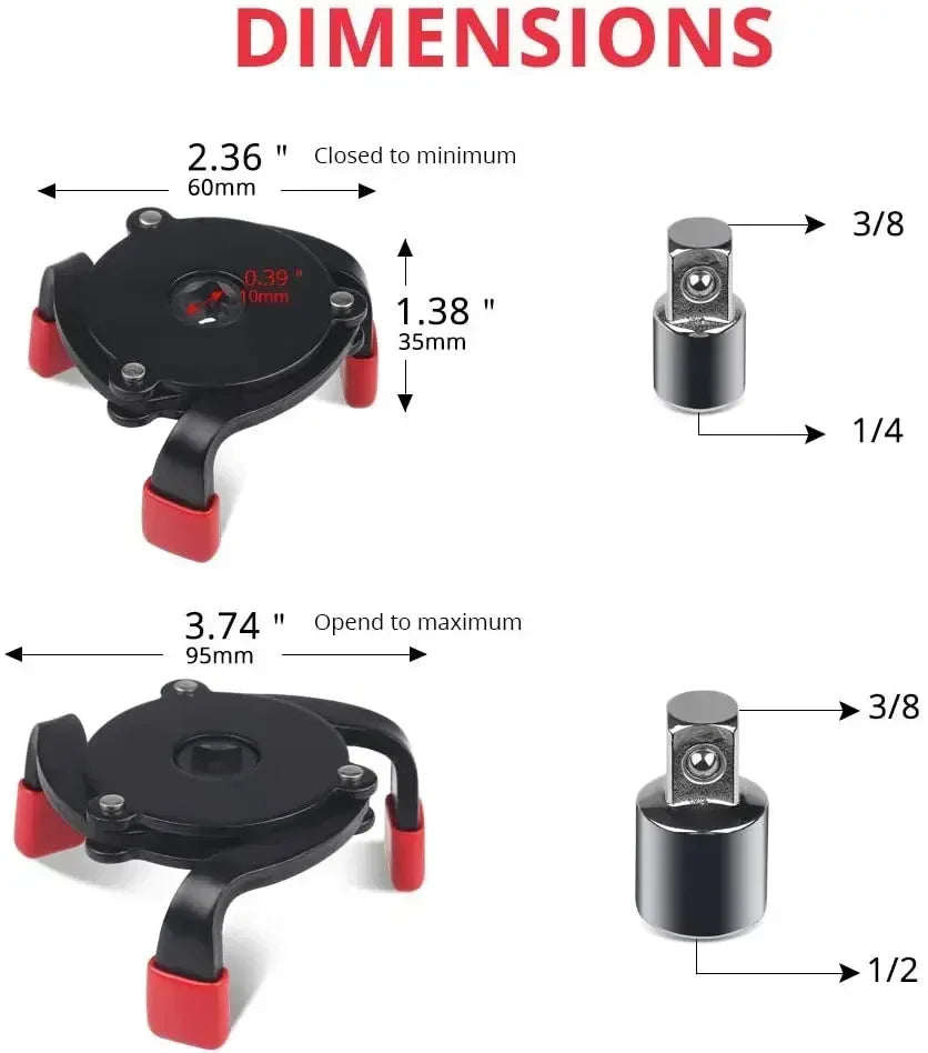 Diagram showing dimensions for a 3/8 and 1/4 oil filter removal tool.