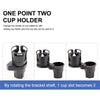 A black cup holder organizer with a rotating bracket shaft that allows one slot to be used for two cups.