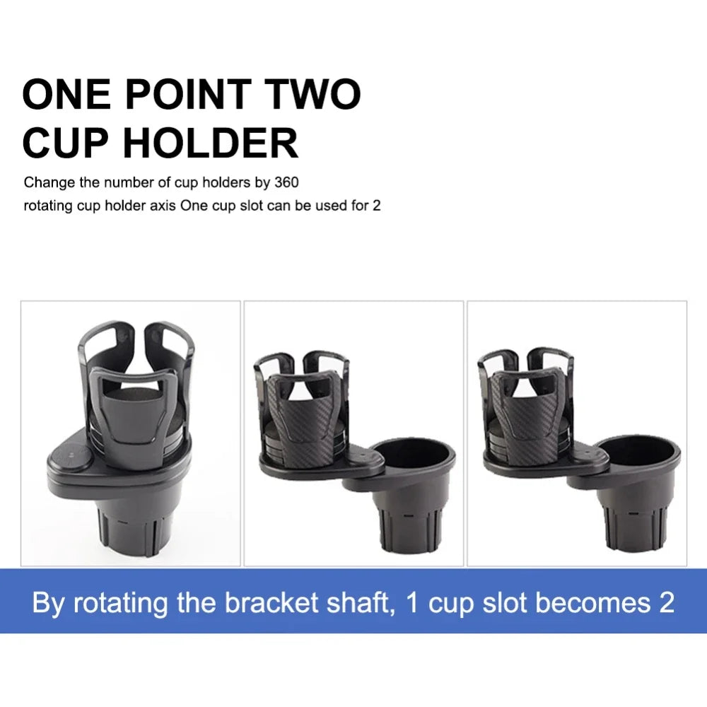 A black cup holder organizer with a rotating bracket shaft that allows one slot to be used for two cups.