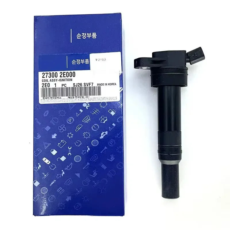 Caja azul con conjunto de bobina 2E00 y componentes de ignición para encendido de alto rendimiento en coches.