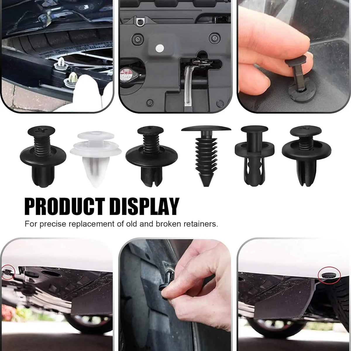 A set of black universal auto fastener clips and retainers for precise replacement of old and broken trim.