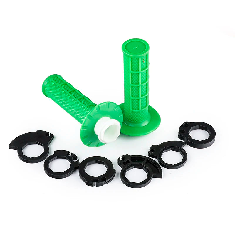 A set of green and black universal motorcycle handlebar grips including a grip and a cylindrical grip cover.