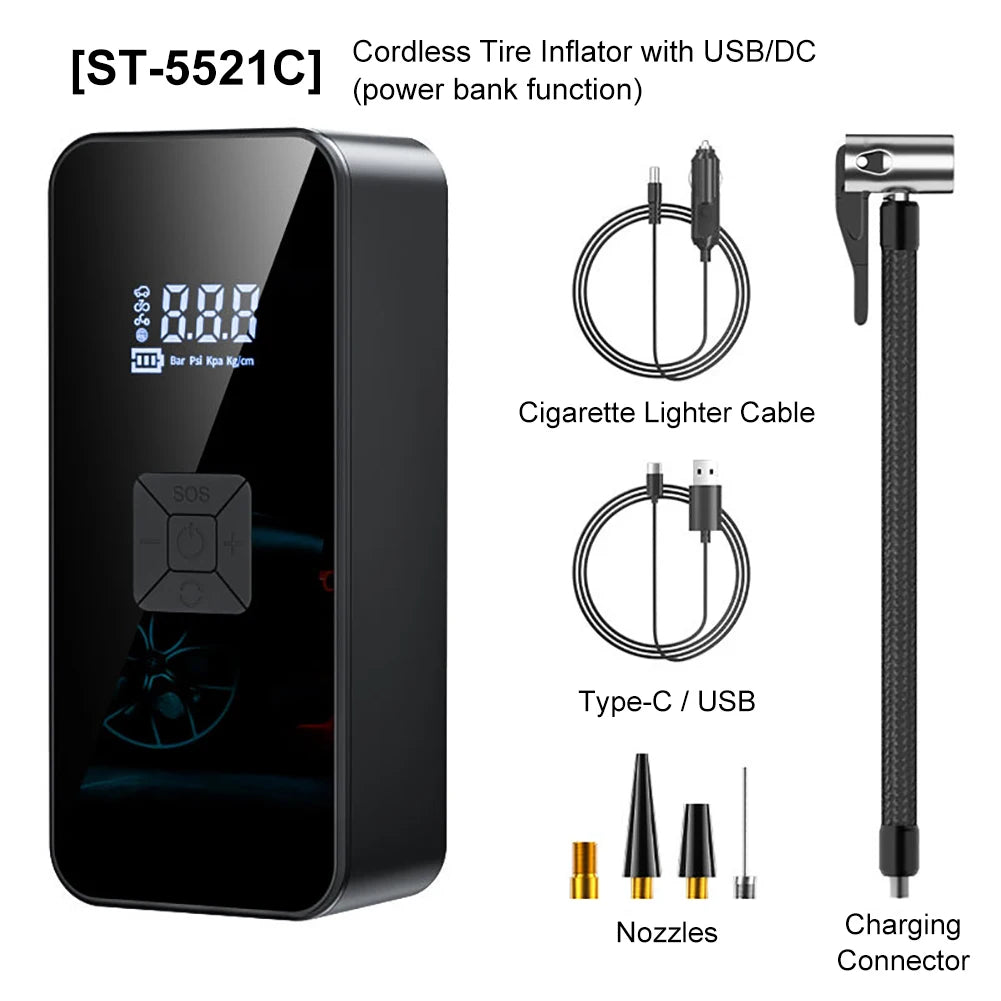 Black cordless tire inflator with USB/DC power bank function and various connectors