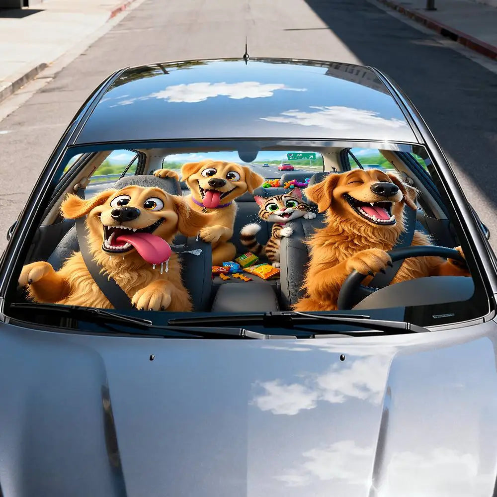 A dog-themed car windshield sunshade featuring several happy dogs looking out from the interior.